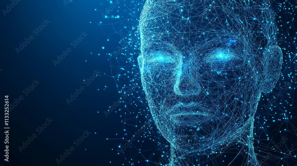 Poster digital representation of a human face created from interconnected blue nodes and lines, symbolizing