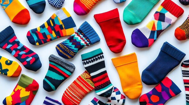 3. A pile of assorted socks in vibrant colors and patterns spread on a white background