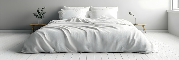 Serene Bedroom, White Linen Bedding on Wooden Floor, Minimalist Interior Design