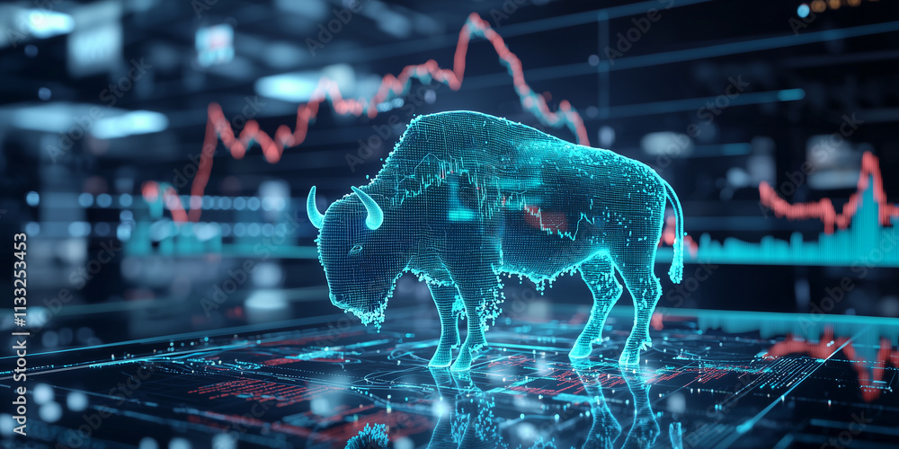 Fototapete digital hologram of bison with stock graphs in futuristic setting