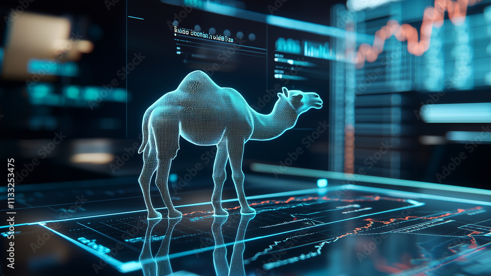 Poster digital hologram of camel surrounded by stock graphs and data visualizations