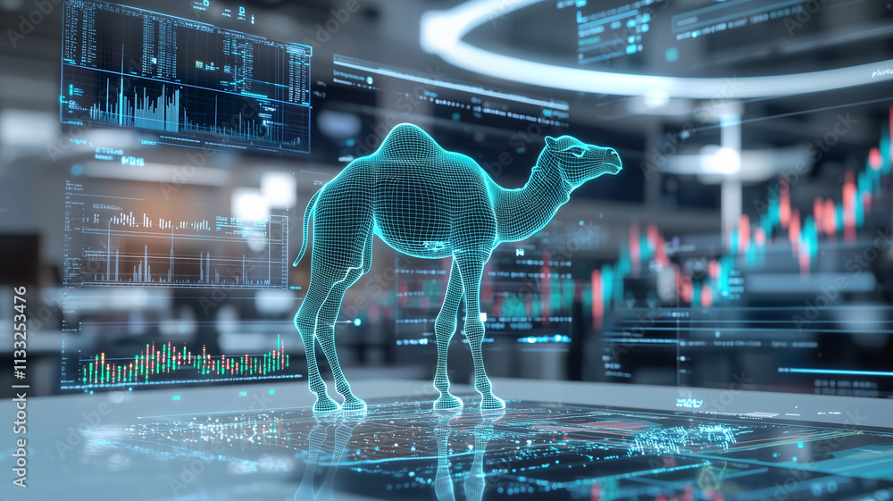 Aufkleber digital hologram of camel surrounded by stock graphs and data visualizations