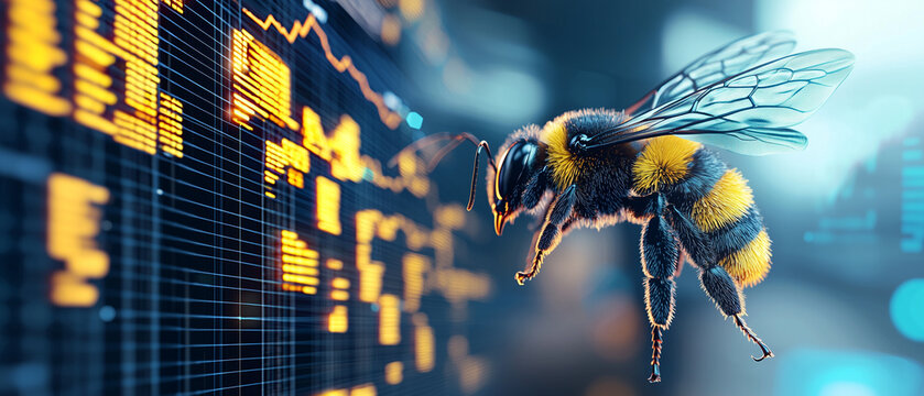 digital hologram of bumblebee with stock graphs in background