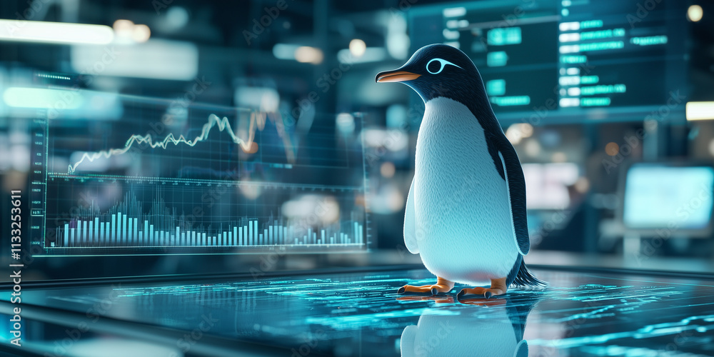 Fototapete digital hologram of penguin analyzing stock graphs in futuristic setting