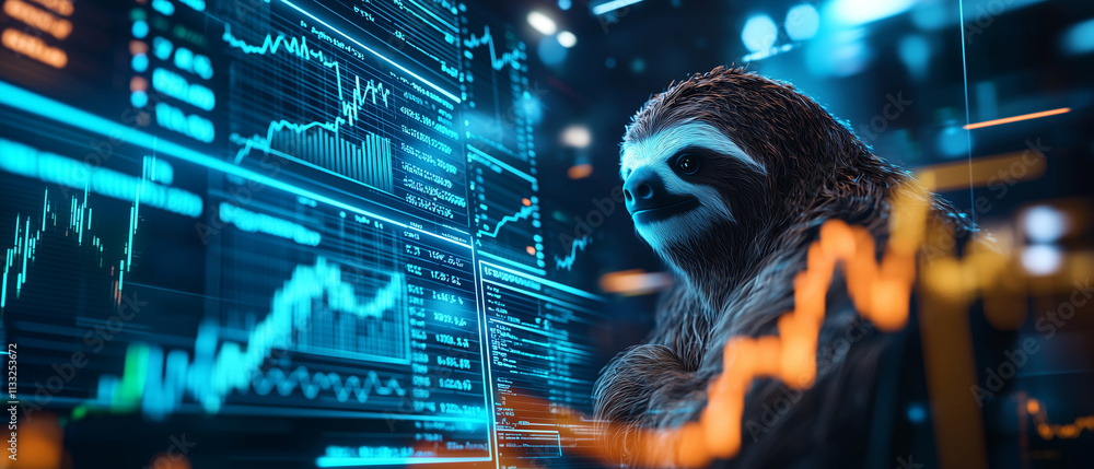 Leinwandbilder digital hologram of sloth surrounded by stock graphs and data visualizations