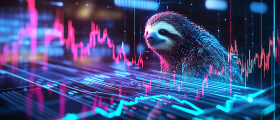 digital hologram of sloth surrounded by stock graphs and neon lights