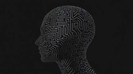 Abstract head profile with a maze pattern, rendered in grayscale. The image evokes a sense of mystery and complexity.
