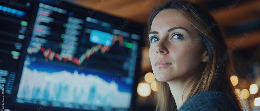 Poster woman in contemplative mood reviews financial data on computer screen