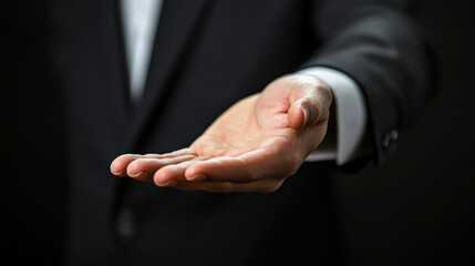 Obraz premium Elegant Businessman Extending Hand in Offer or Invitation with Dark Background, Symbolizing Trust, Opportunity, or Partnership in Professional Setting