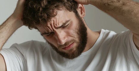 Fototapeta premium A distressed man holds his head, conveying feelings of anxiety or stress in a candid moment.
