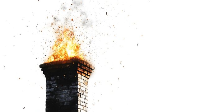 27. A traditional chimney stack with flames and faint sparks flying upward on a white background