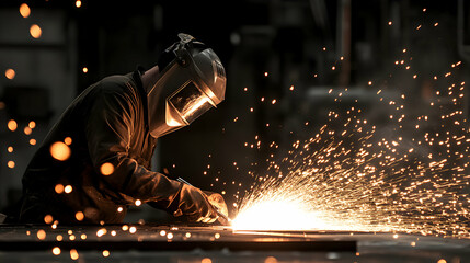 Industrial Worker's Fiery Metalwork, A Stunning Image of a Welder at Work, Sparks Flying High in a Dark Factory Setting.