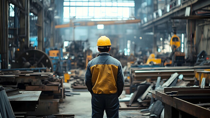 Factory Worker Surveys Industrial Scene