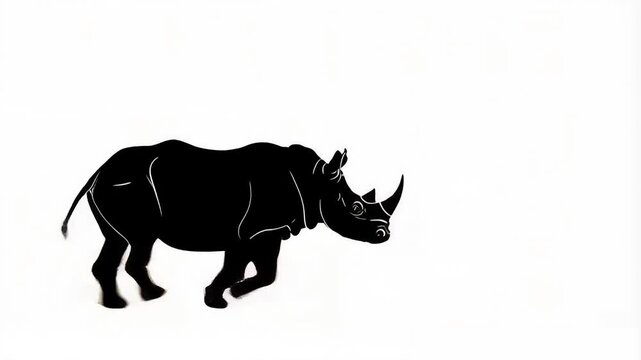A bold black silhouette of a rhino charging with strength and determination from left to right on a neutral background perfect for animations wildlife projects and dramatic visuals.