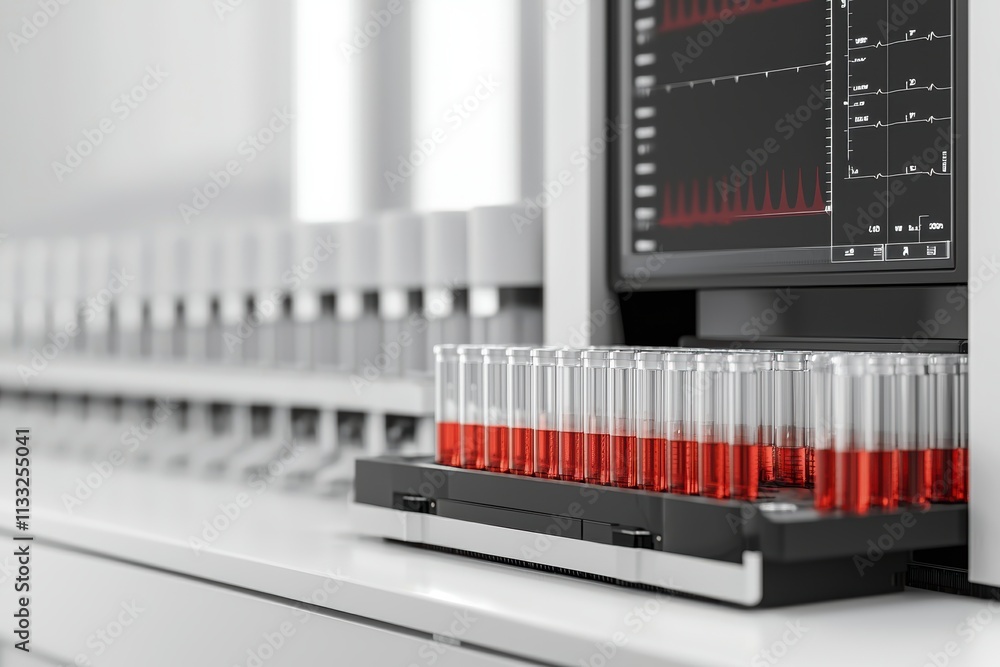 Poster a lab setup featuring test tubes with red liquid, alongside a digital display showing data, indicati