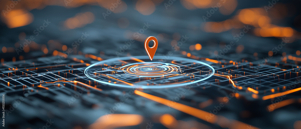 Poster digital map interface with glowing location pin highlights GPS based assistance tools
