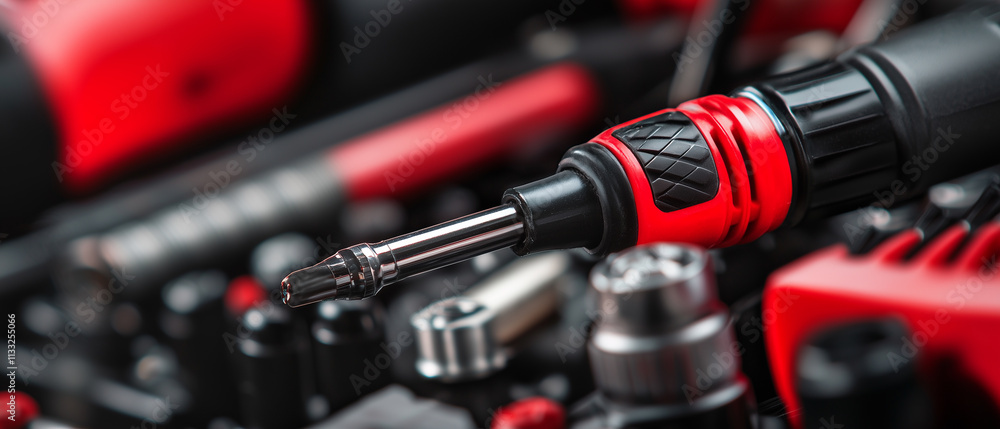 Aufkleber close up of red and black screwdriver among various tools in toolbox