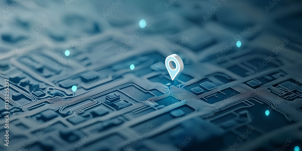 Poster digital map interface with location pin highlights GPS based assistance tools