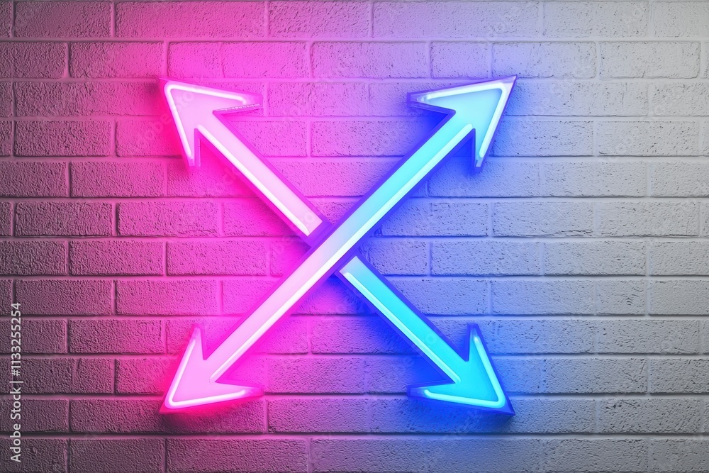 Poster neon arrows in pink and blue intersect against a textured wall, creating a dynamic and modern visual