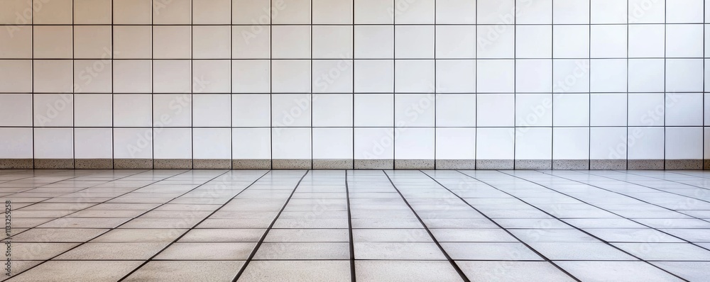 Poster a minimalist interior featuring a tiled floor and grid-patterned walls, creating a spacious and clea