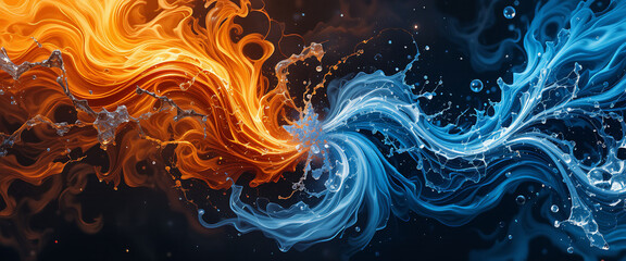Fototapeta premium Fire and ice elements are swirling together, creating a dynamic abstract background with a blend of hot and cold colors, symbolizing the eternal conflict and balance between opposing forces.