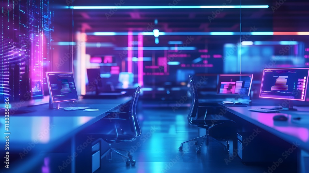 Aufkleber neon lit modern office workspace featuring coding screens