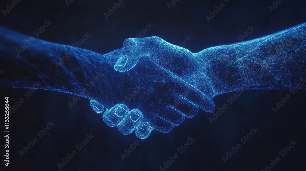 Poster a glowing blue handshake visualized with intricate neural network patterns, representing a futuristi
