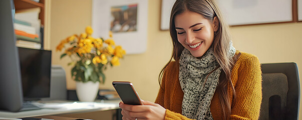 Woman in Mustard Sweater Checks Smartphone, Happy and Relaxed at Home Office