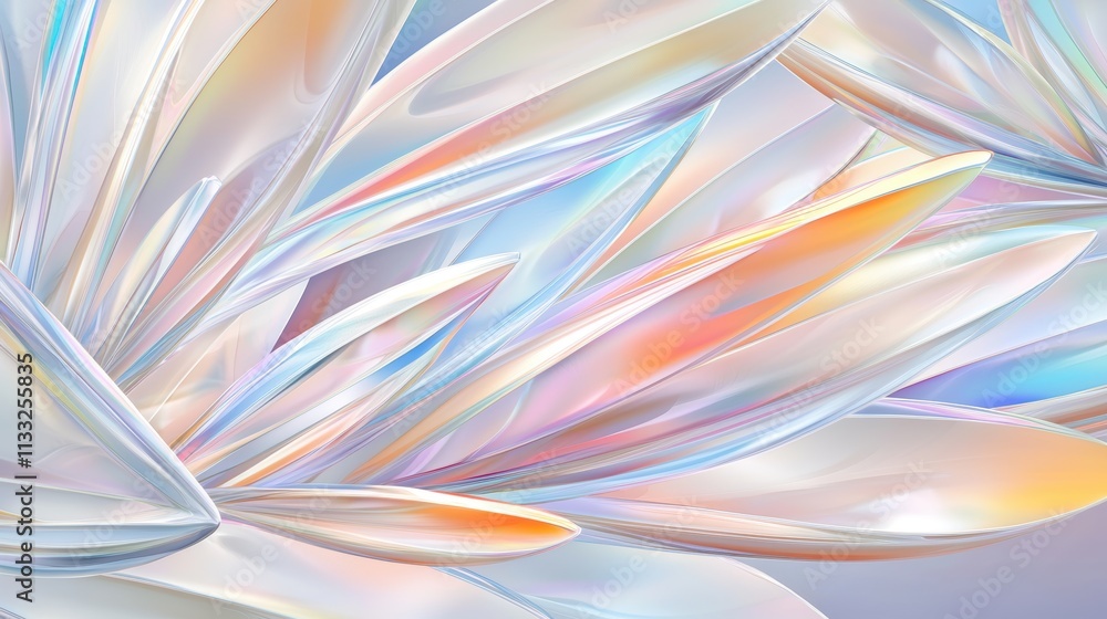 Poster a mesmerizing abstract design featuring iridescent, overlapping shapes that resemble petals, creatin