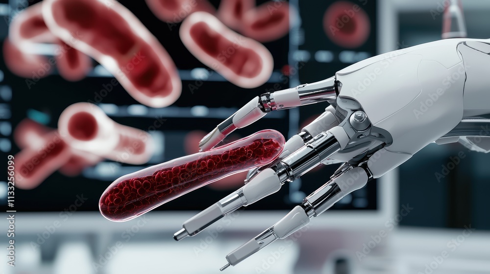 Poster a robotic hand interacts with a digital display of bacteria, illustrating the intersection of techno