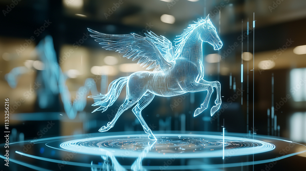 Poster digital hologram of pegasus presenting stock market data in futuristic setting