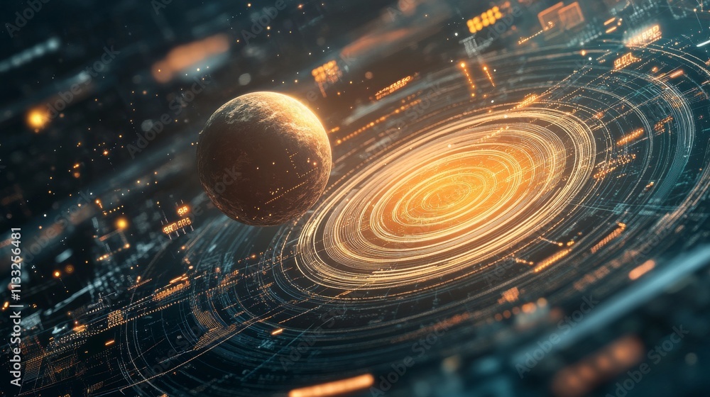 Poster a high-tech, digital rendering of a planet orbiting in a neon-lit, futuristic grid. the glowing ring