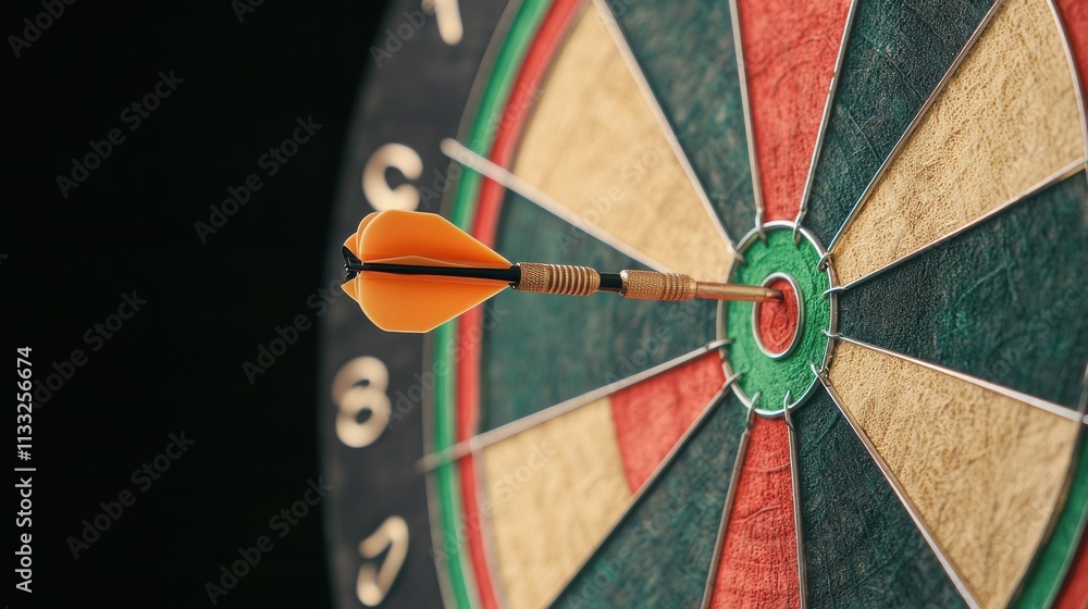 Poster close-up of a dart arrow hitting the bullseye on a dartboard with colorful sections, symbolizing pre