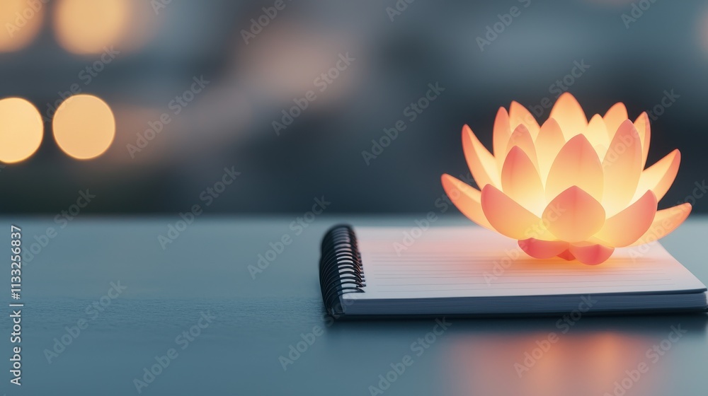 Poster serene glow of a lotus candle on a blank notebook amidst a soft blurred background, capturing a tran