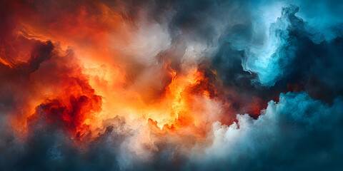 Abstract fiery and icy cloudscape; a vibrant, swirling digital painting of contrasting warm and cool colors, creating a dynamic and energetic visual experience.