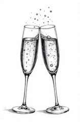 vintage engraving illustration of champagne glasses clinking with bubbles rising on white background, wedding celebration toast. luxury celebration concept, poster with vintage texture style