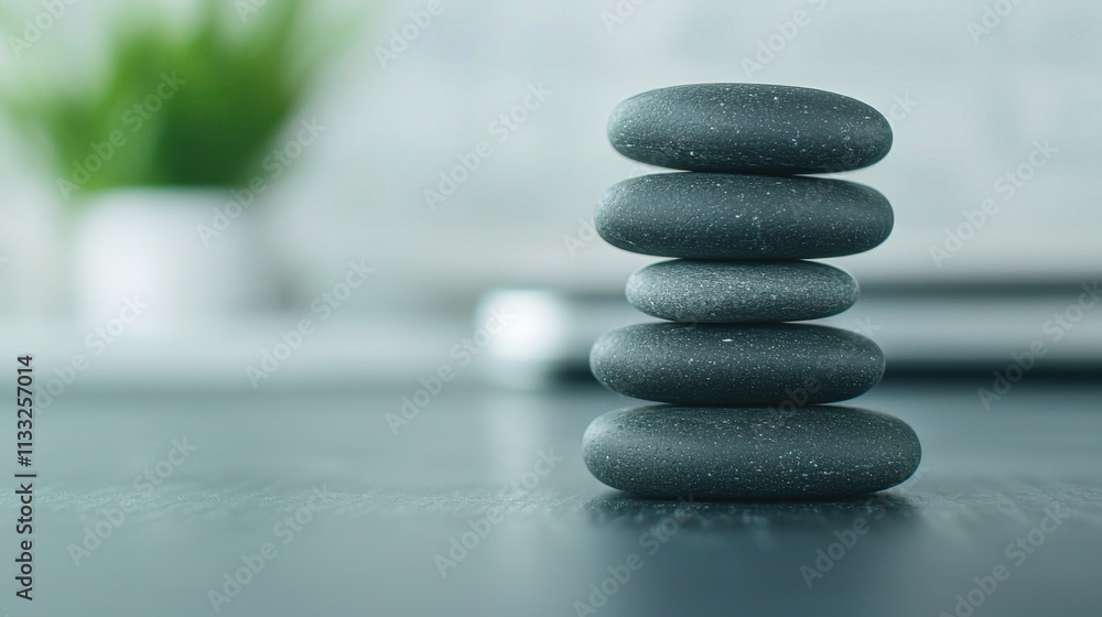 Poster tranquil arrangement of smooth black stones in a balanced stack on a minimalist surface with soft fo