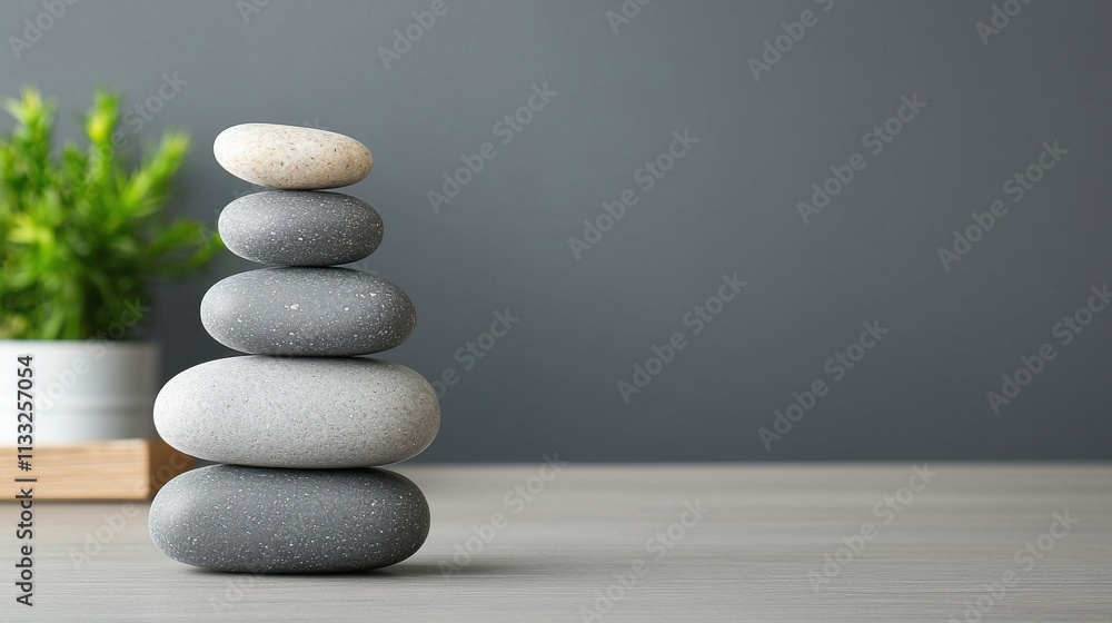 Poster Serene Stack of Five Smooth Stones in Neutral Tones with Potted Plant in Background Creating a Calming Indoor Atmosphere for Meditation and Relaxation