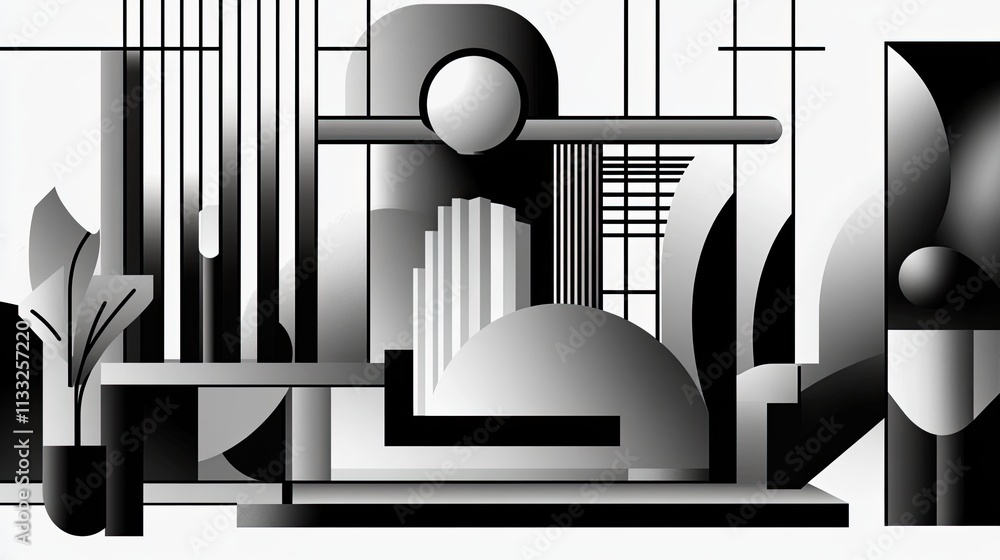 Poster grayscale abstract design with clean lines and smooth transitions, evoking serenity and balance.