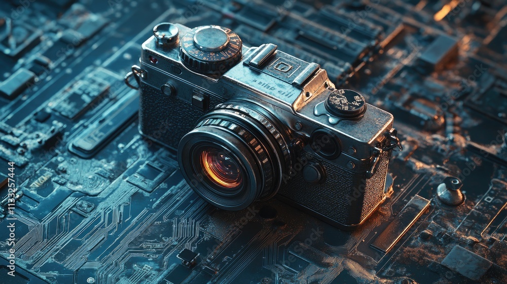 Poster high-resolution futuristic camera with sharp edges and luminous digital elements, resting on a layer