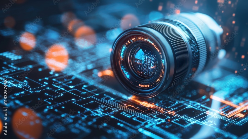 Poster high-resolution futuristic camera with sharp edges and luminous digital elements, resting on a layer