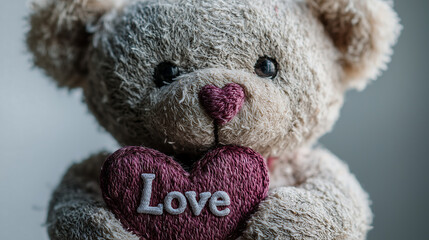 Closeup of a beige teddy bear gently holding a maroon heartshaped object with Love embroidered on it Soft focus Valentines Day theme