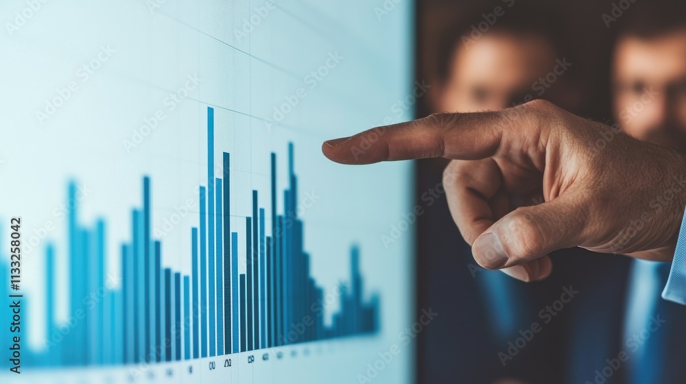 Poster business professional analyzing data trends on screen with statistics graph and charts during team m