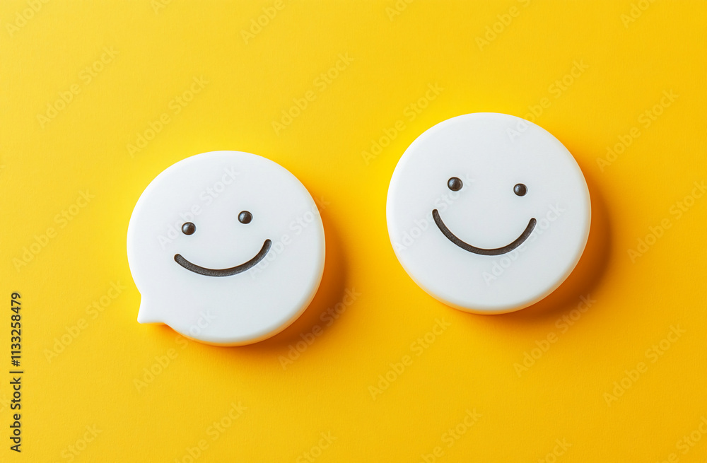 Poster smiling round shapes on bright yellow background evoke happiness and positivity in a cheerful settin