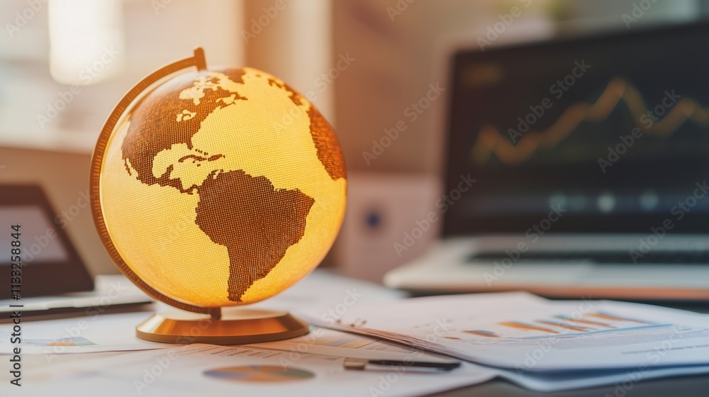 Poster illuminated globe on desk with data and charts, representing global business growth and market trend