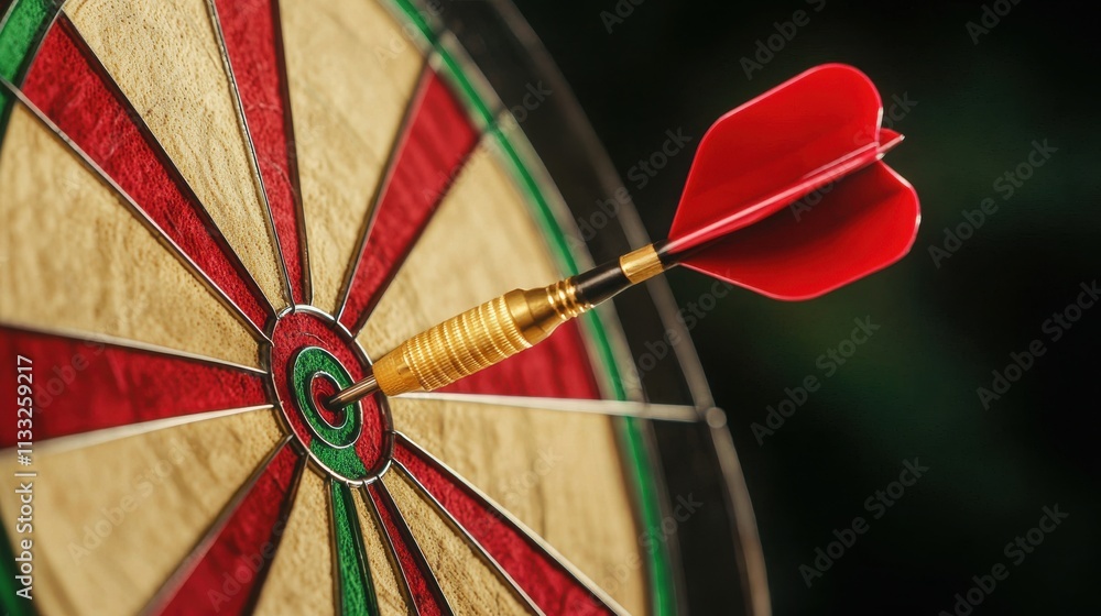 Poster close-up view of a red dart hitting the bullseye on an elegant dartboard with vintage design, symbol