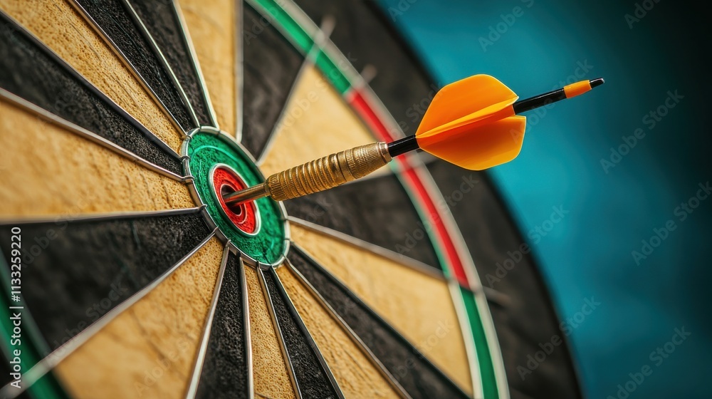 Poster close-up view of a dart hitting the bullseye on a dartboard with a vibrant background illustrating p