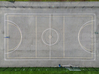 A basketball court viewed from a drone