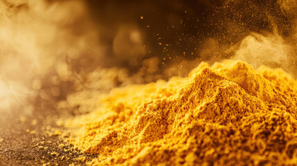 Close-up View of Golden Yellow Spice Powder with Dust Particles Flying in Warm Light Setting, Perfect for Culinary and Food Photography Projects