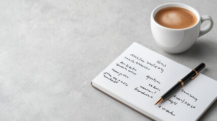 Cozy Workspace with Coffee, Pen, and Notebook Showing Handwritten Notes and Ideas for Productivity and Inspiration in a Minimalistic Gray Background